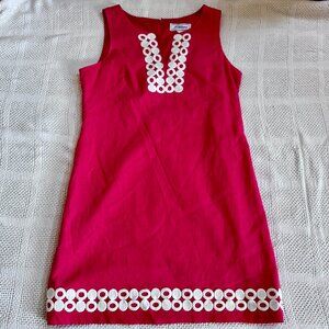 J. Howard Linen Blend Sheath Dress 14 • Peach/Coral • Bold Applique • Lined